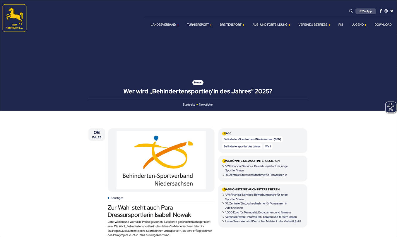Screenshot der Internetseite des PSV Hannover e.V.