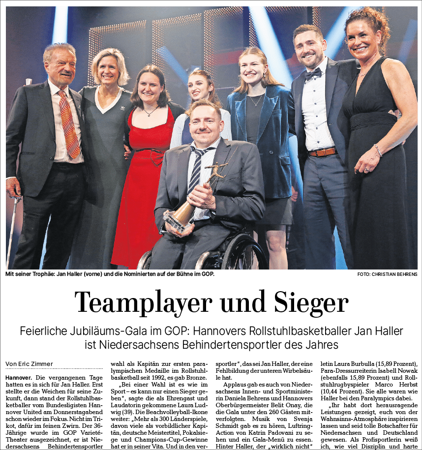 Hannoversche Allgemeine Zeitung vom 14.03.2025 – Bericht von der Gala und ber den Behindertensportler des Jahres 2025 Jan Haller