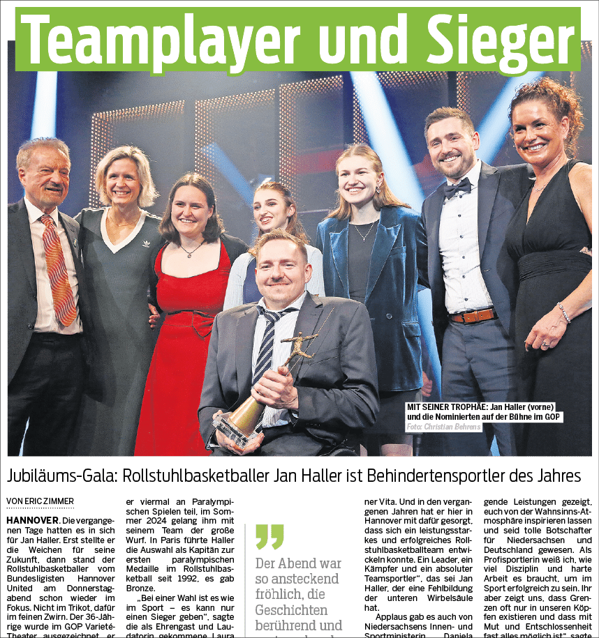 Neue Presse vom 14.03.2025 – Bericht von der Gala und ber den Behindertensportler des Jahres 2025 Jan Haller