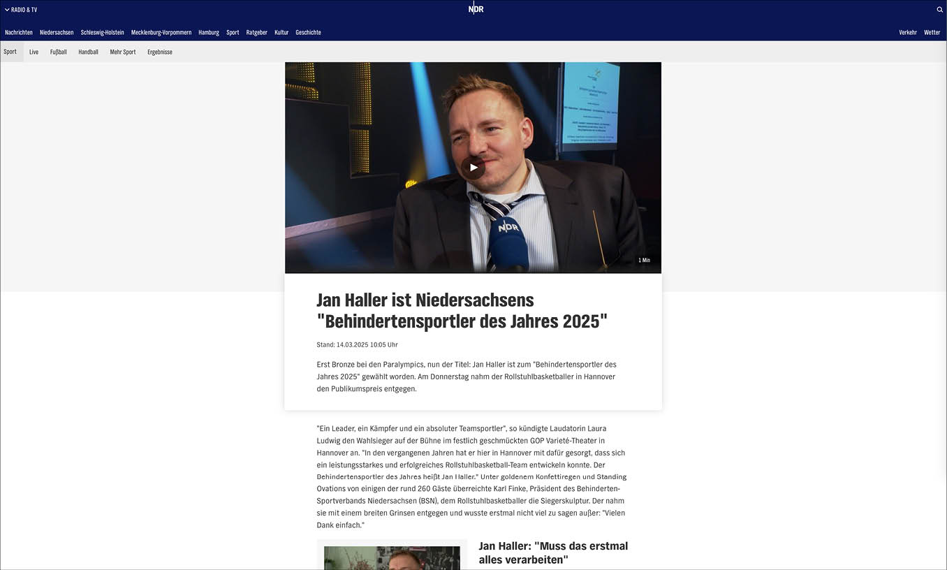 NDR online vom 14.03.2025 – Bericht von der Gala und ber den Behindertensportler des Jahres 2025 Jan Haller
