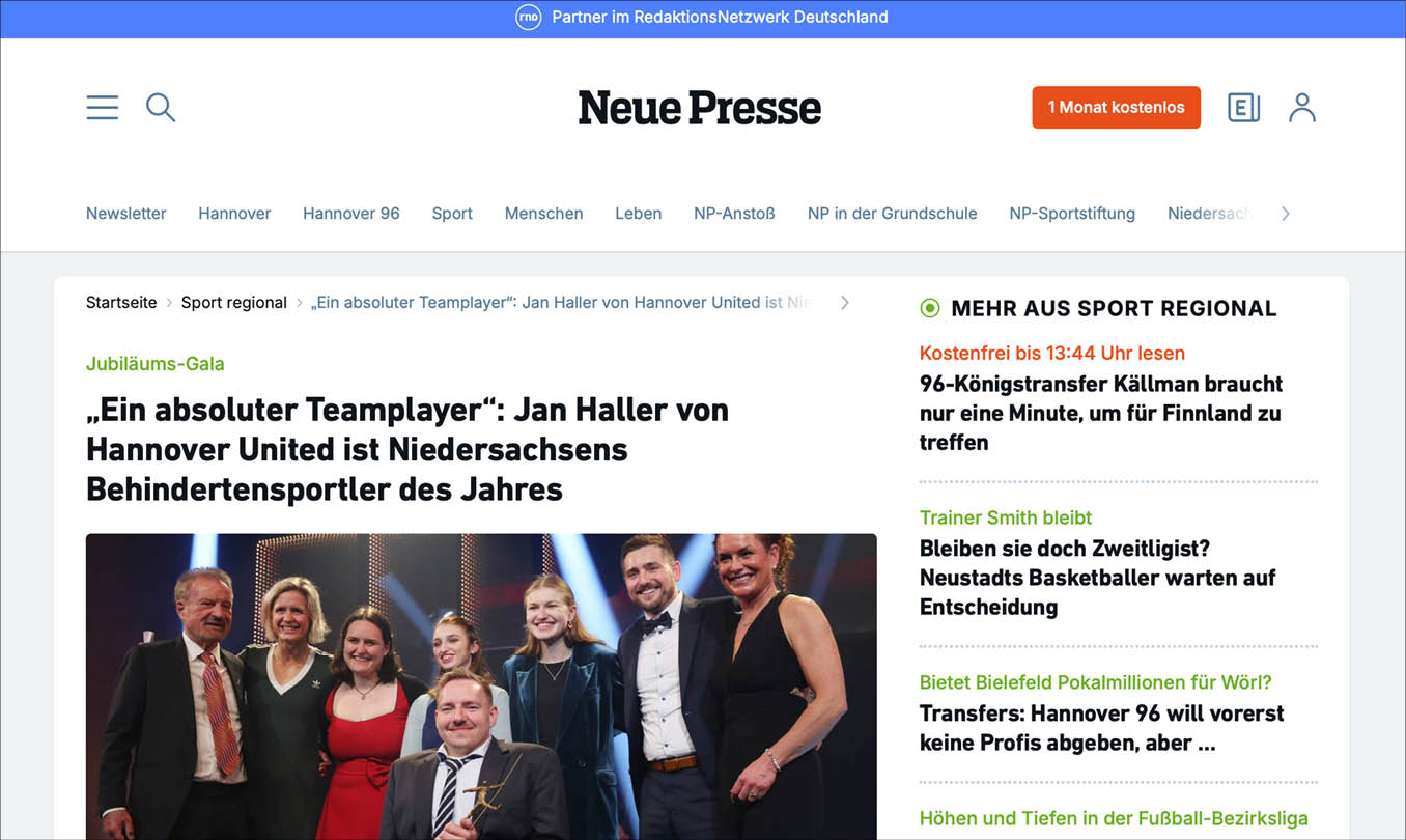 Neue Presse Online vom 13.03.2025 – Bericht von der Gala und ber den Behindertensportler des Jahres 2025 Jan Haller