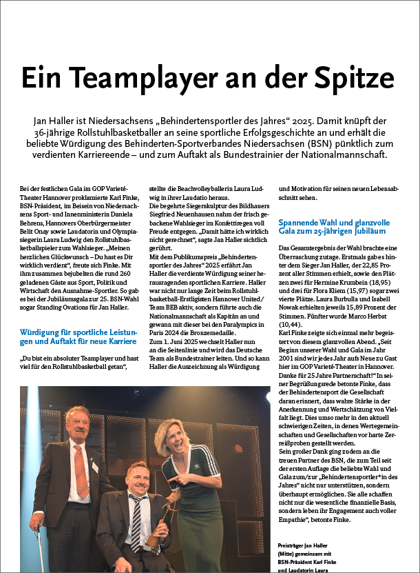 LSB Magazin 2/2025: Bericht von der Gala und ber Jan Haller, Behindertensportler des Jahres 2025.