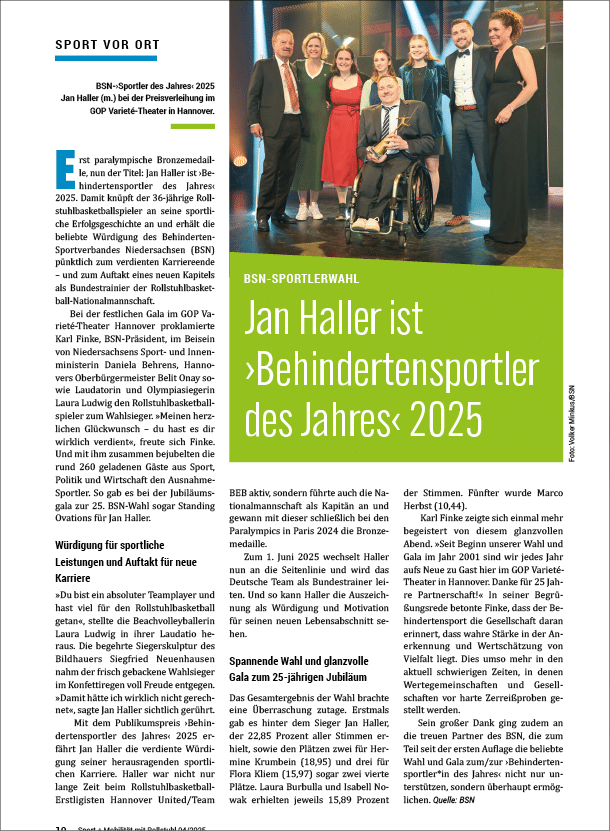 Sport und Mobilit t 4/2025: Bericht von der Gala und ber Jan Haller, Behindertensportler des Jahres 2025.