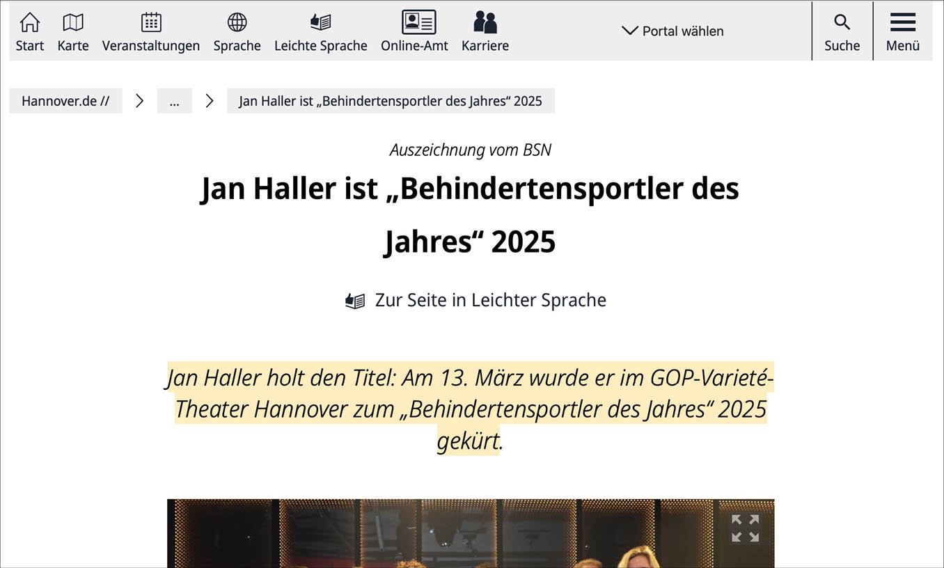Hannover online vom 14.03.2025 – Bericht von der Gala und ber den Behindertensportler des Jahres 2025 Jan Haller