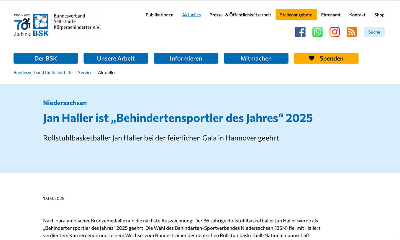 BSK online vom 17.03.2025 – Bericht von der Gala und ber den Behindertensportler des Jahres 2025 Jan Haller